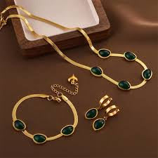 Oval Green Crystal Pendant Necklace Set With Bracelet